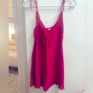 Reformation Fuscia Mini Dress with Spaghetti strap and ruched bodice